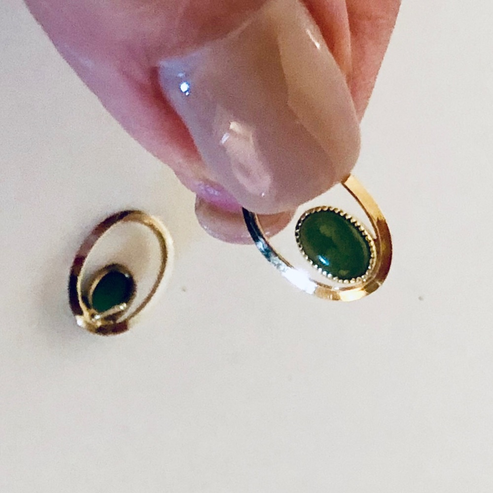 Gold Hoop Earrings with Green Stone - Picture 6 of 7